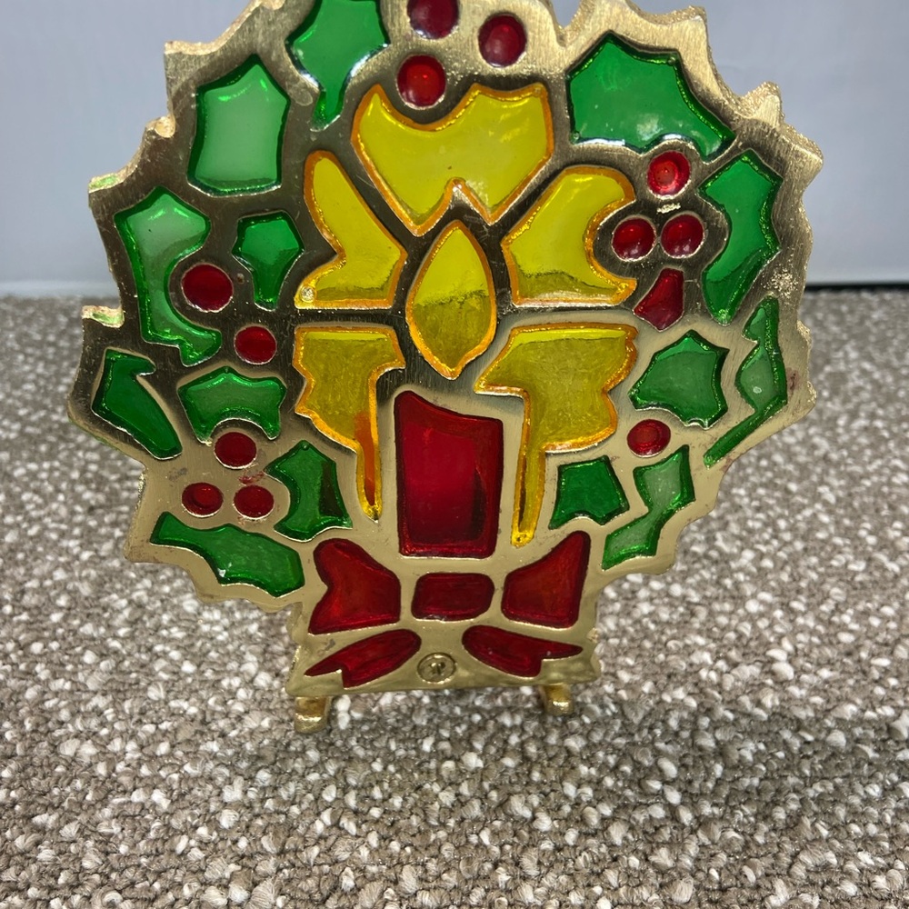 Vintage Christmas Festive Holiday Candle Holder, Cast Iron, Stained Glass.